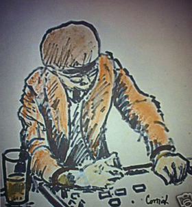 A painting of a domino player at a bar